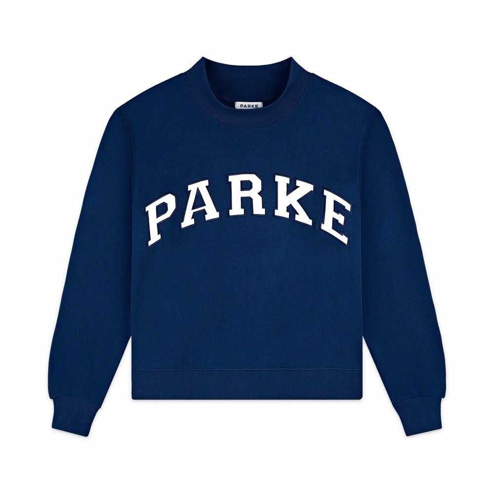 PARKE Denim White Navy Blue Mockneck Pullover Sweatshirt Logo Cotton Blend L/XL